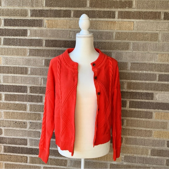 Cabi 5449 Orange Citrus Chunky Cable Knit Cardigan Sweater Button Up Medium - Picture 3 of 13